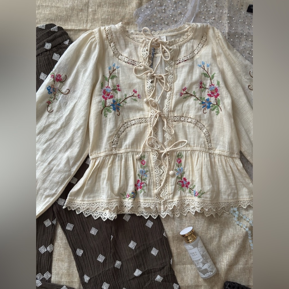 Ivory Nude Embroidered Peasant Blouse with Lace Ties - Picture 2 of 12